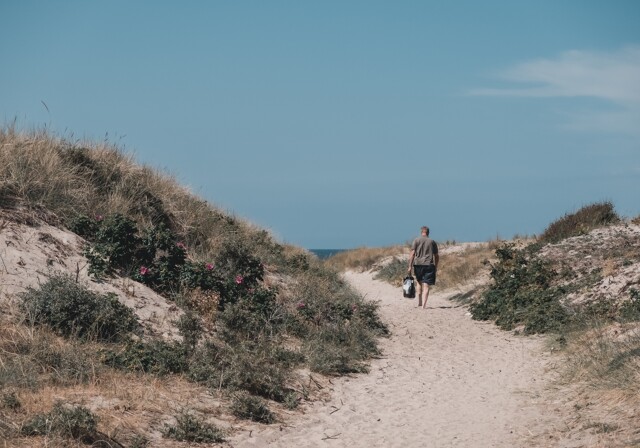 Mann wandert zum Strand durch einen Wanderweg auf Bornholm in Dänemark